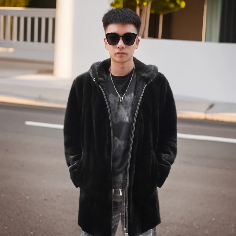 貂皮大衣男长款85公分整貂水貂皮草高端连帽风衣宝嘉美貂皮大衣冬