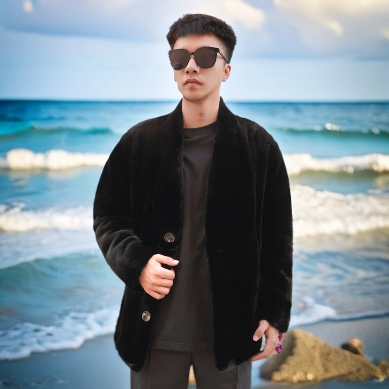 貂皮外套男款道袍黑貂银蓝貂皮真貂时尚休闲外套风衣貂皮道袍男士