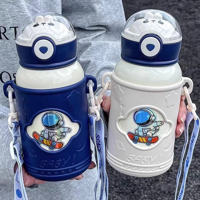 宇航员316不锈钢保温杯卡通儿童带吸管杯套手提水杯保温杯吸管