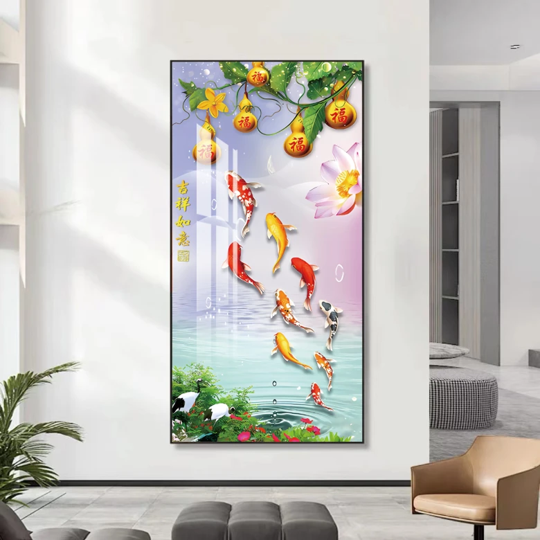 九鱼五福临门葫芦金鹿送福玄关晶瓷画烤瓷面铝合金边框客厅玄关画