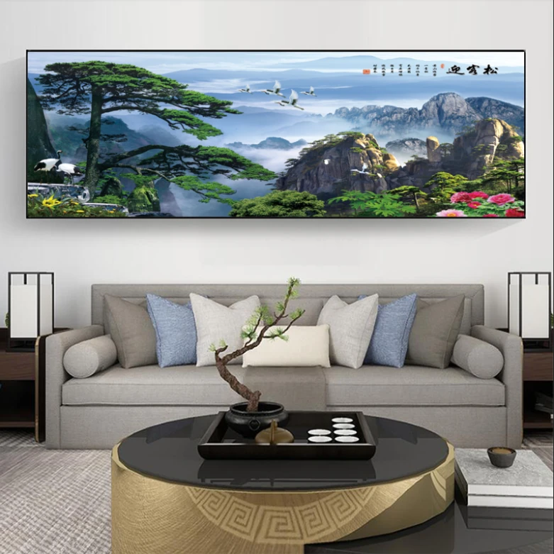 迎客松山水画前程似锦沙发背景晶钻烤瓷面铝合金边框客厅玄关画