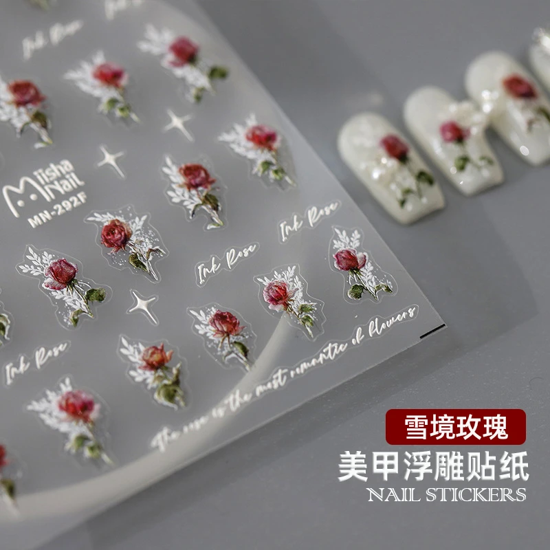 欧式复古雪境玫瑰潮酷美甲立体3D浮雕英文丧系蔷薇指甲装饰品贴纸