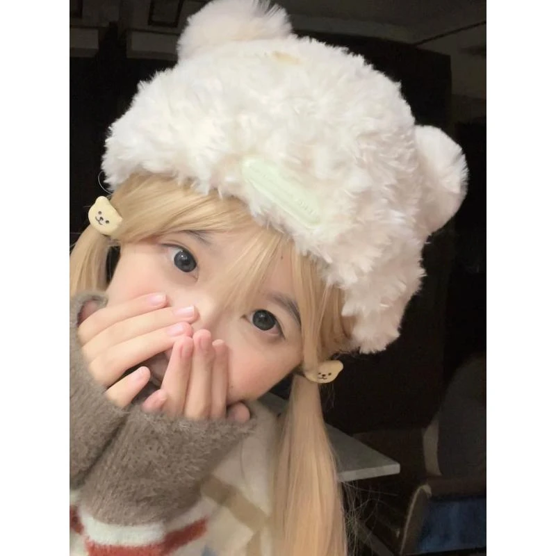 大头围软糯可爱小熊耳朵毛绒帽女秋冬季保暖显脸小宽松甜美护耳帽