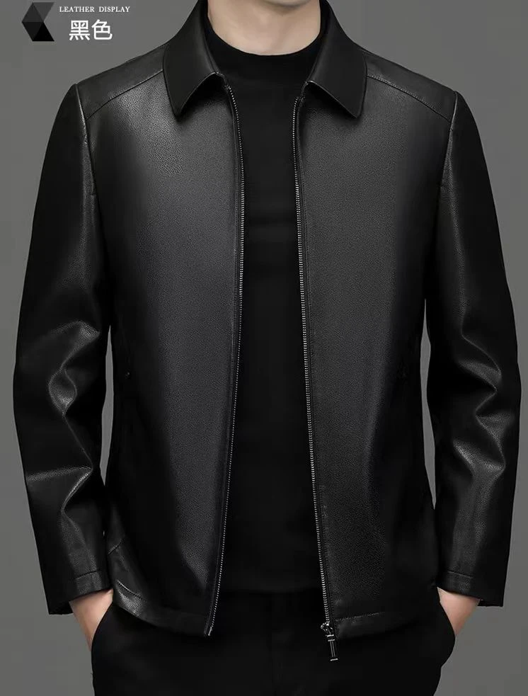 男式加厚2024年 初春翻领 商务保暖黑色休闲皮衣休闲