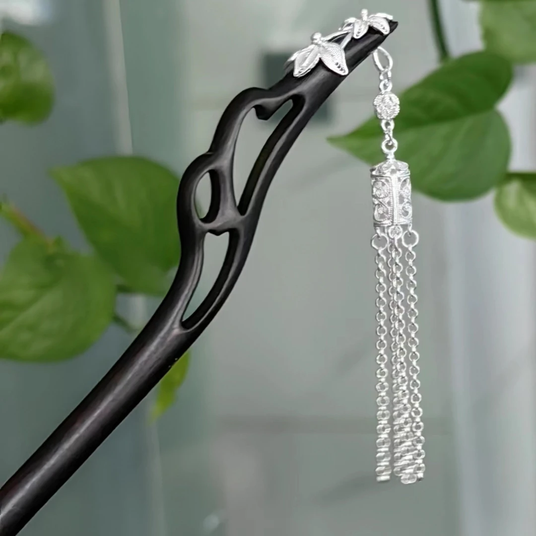 足银银制品 【保韵】足银拉丝工艺简约发簪  莲花古风流苏发簪步摇