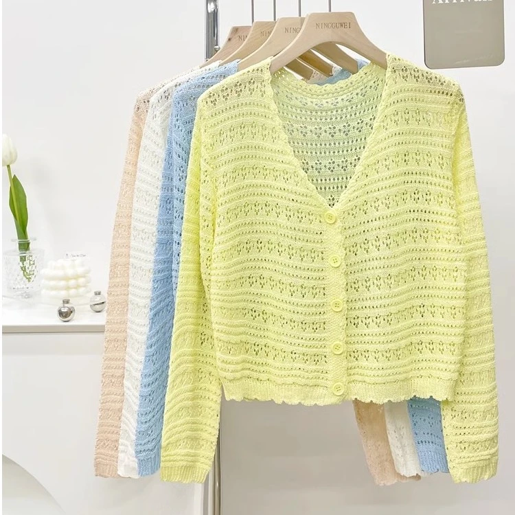 短袖针织衫女夏薄款镂空恤冰丝开衫洋气短款上衣外搭小衫春秋