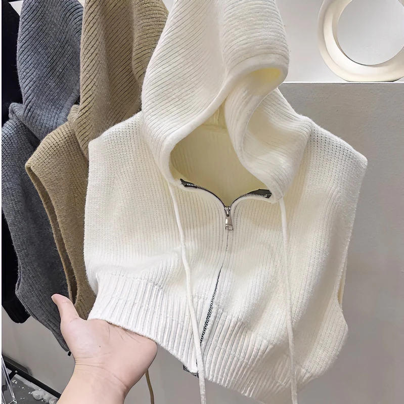 欧货连帽针织衫开衫马甲外套女2023秋季新款纯色上衣外搭无袖毛衣