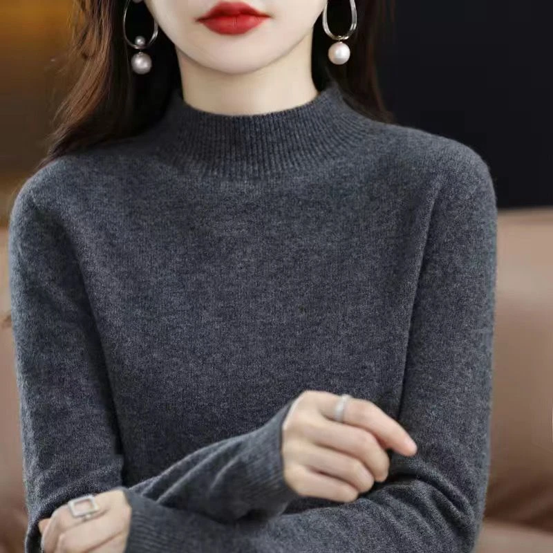 半高领洋气毛衫女宽松大码毛衣秋冬纯色显瘦百搭长袖针织打底衫