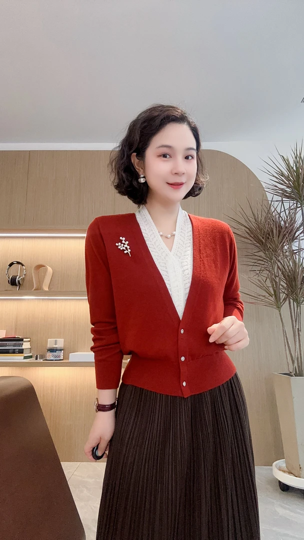 【尤家丽】长袖V领针织假套头两件秋冬新款#DQ6665