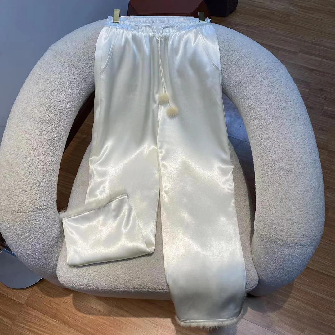 【丝意竹】22C225新中式净色下脚水貂毛直筒阔腿裤加棉棉裤