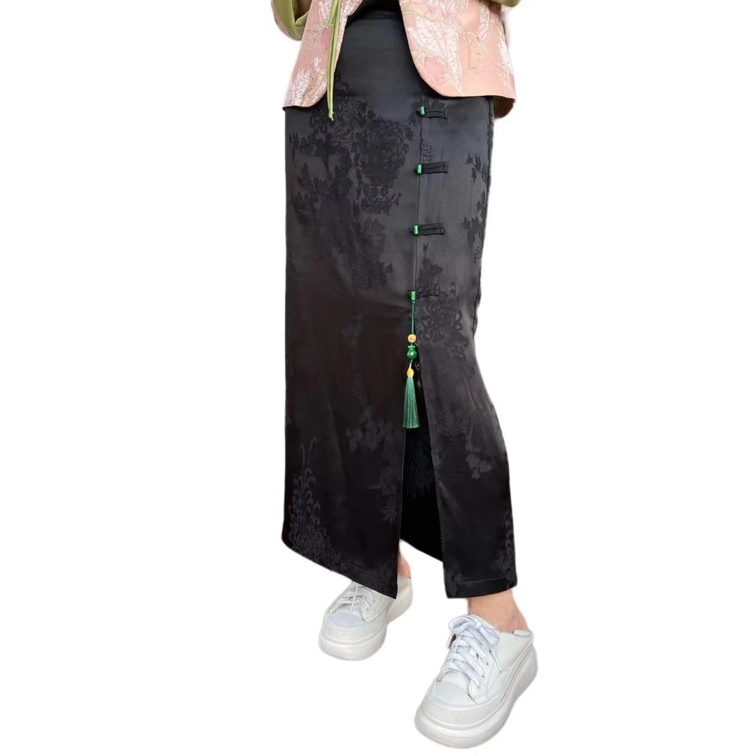 【丝意竹】22C069缎面提花复古盘扣半身裙