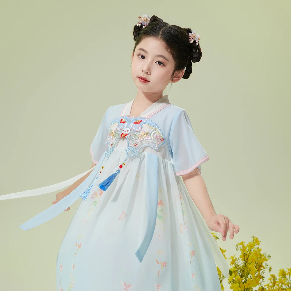 小虎帕蒂夏季新款女童玉兔刺绣流苏飘带仙女重工汉服古风连衣裙