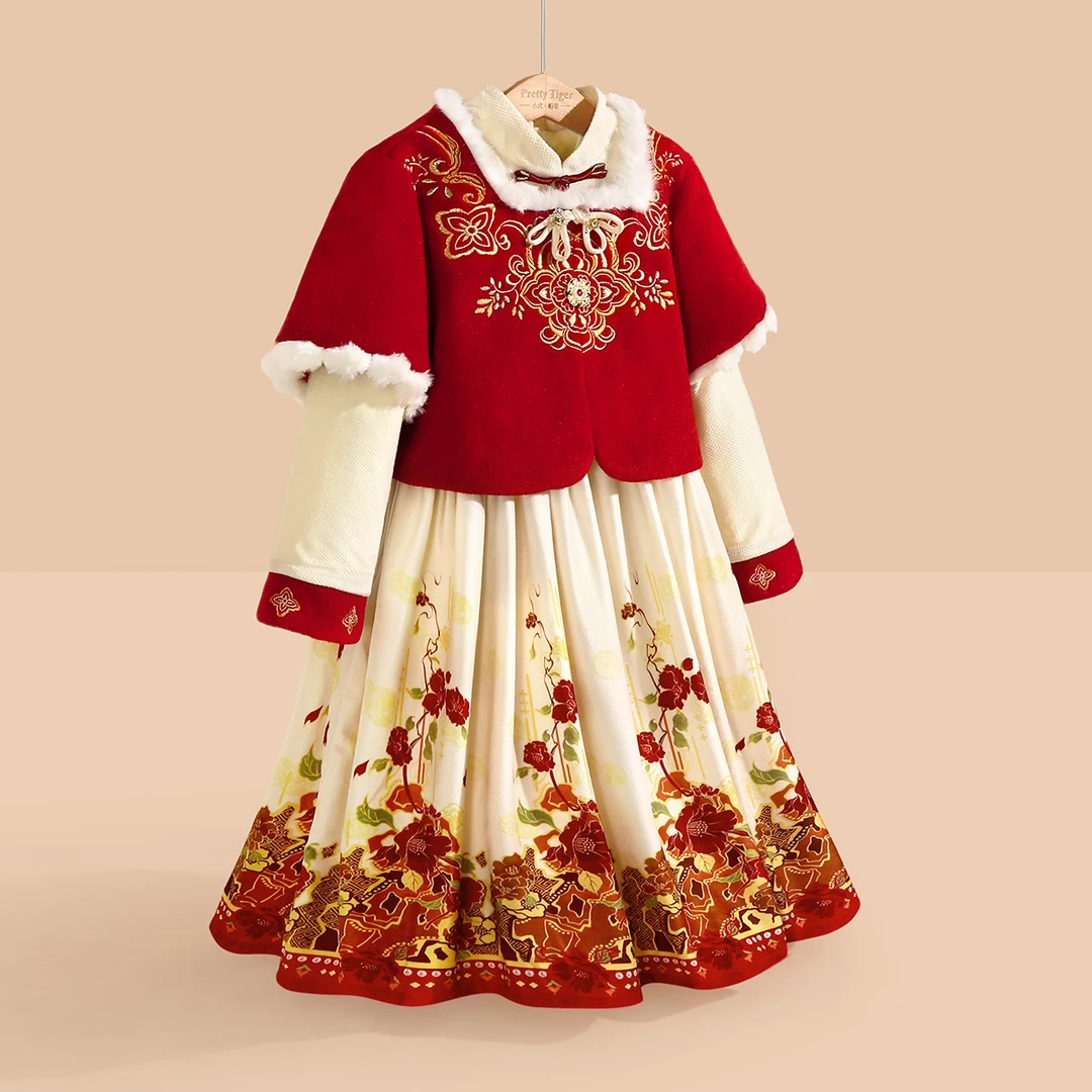 小虎帕蒂冬款女童汉服套装加绒连衣裙中式刺绣坦领喜庆新年拜年服