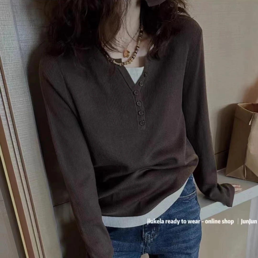 【依依】加厚大码女装秋冬2023新款假两件V领长袖T恤女打底衫上衣