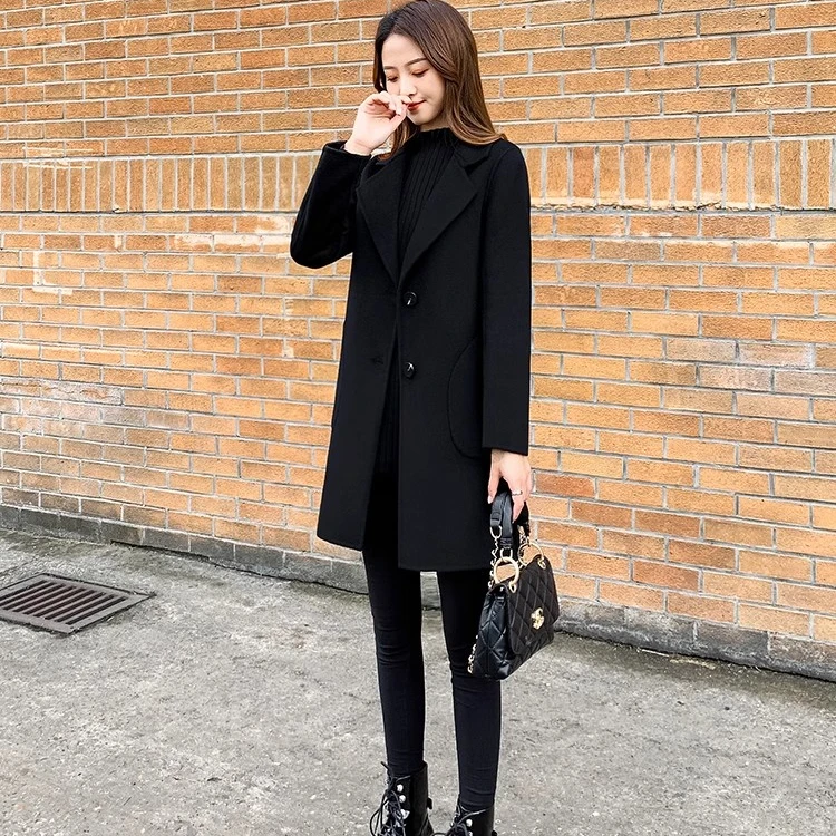 黑色毛呢外套女2023年秋冬季新款修身显瘦中长款呢子大衣女小个子