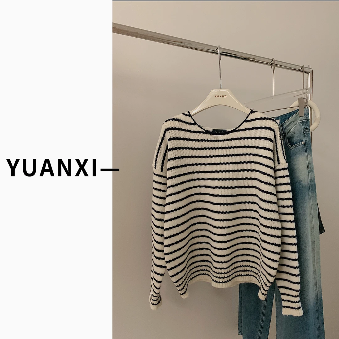 【FAFAJIA】F143 设计感条纹圆领毛衣女宽松慵懒风秋冬新款