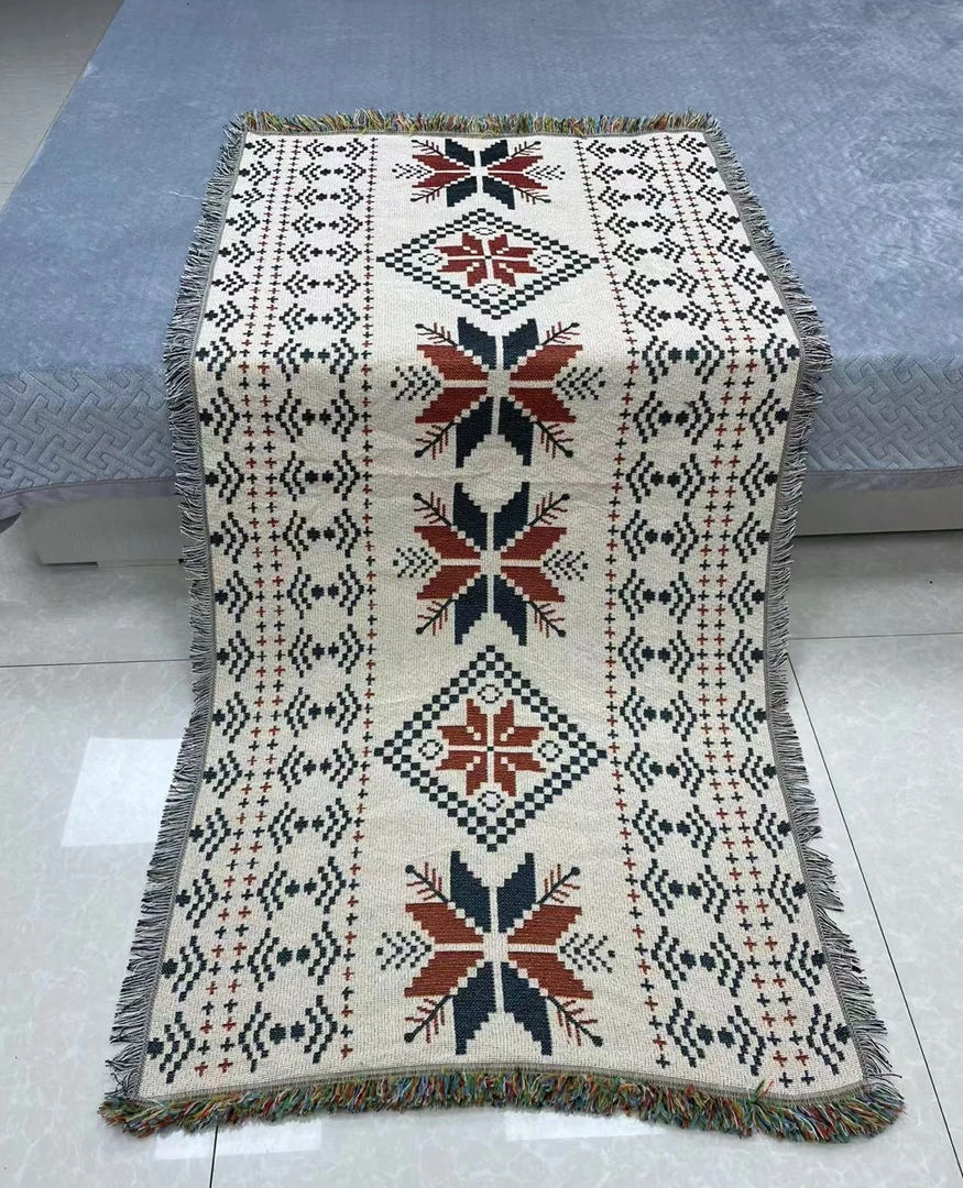 枫叶90*240cm±5cm沙发垫编织提花汉麻直排沙发巾双面流苏款