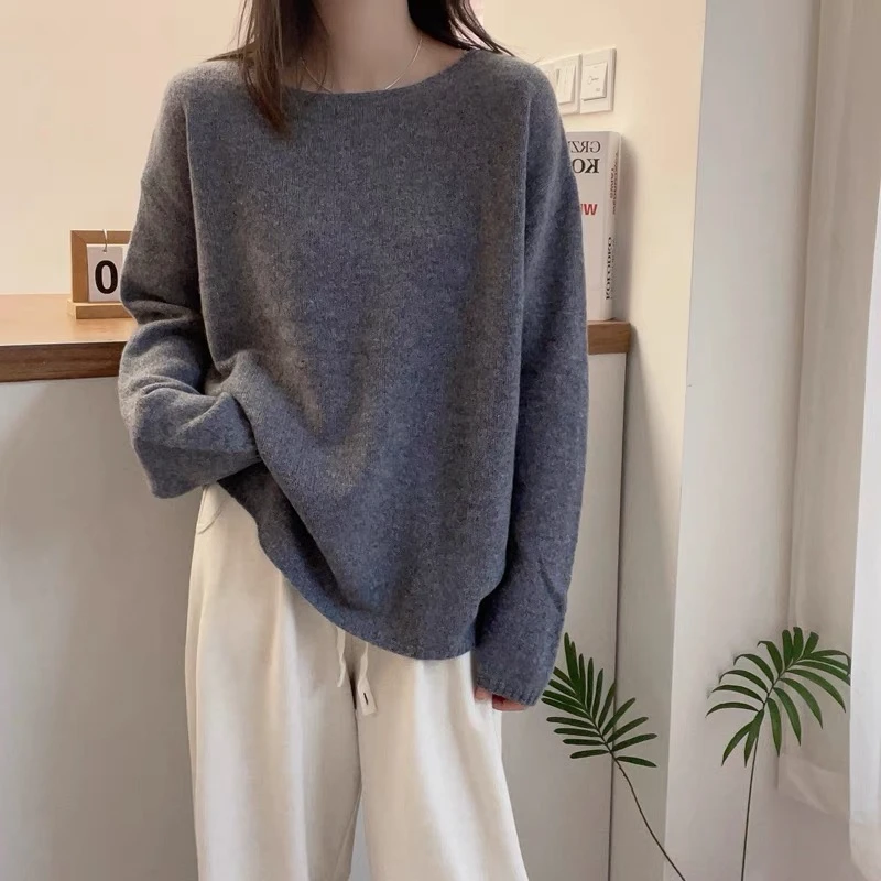 【CHEN.BAO】100%纯羊毛打底衫一字领针织衫女秋冬宽松慵懒大码毛衣