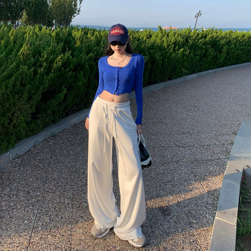 ZZR美式复古高腰阔腿裤抽绳松紧腰百搭运动直筒休闲裤女