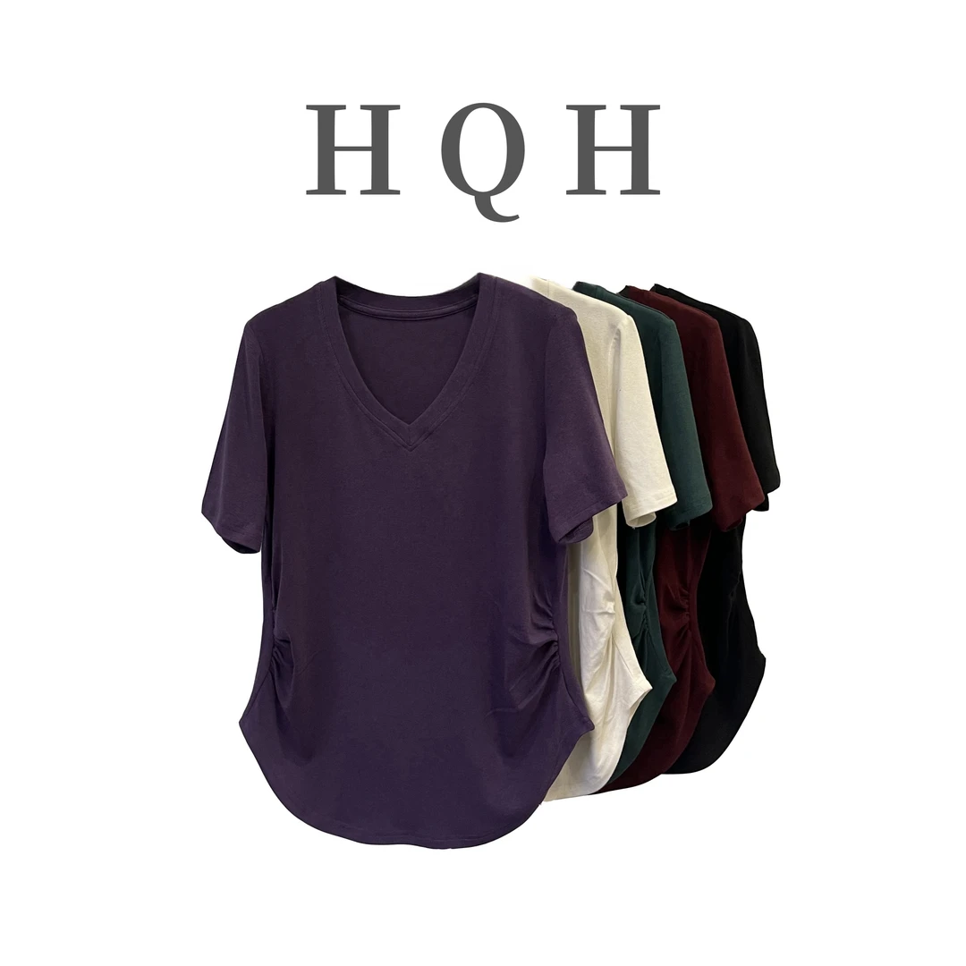 V领褶皱显瘦舒适高品质纯色百搭宽松通勤休闲时尚短袖T恤6004#