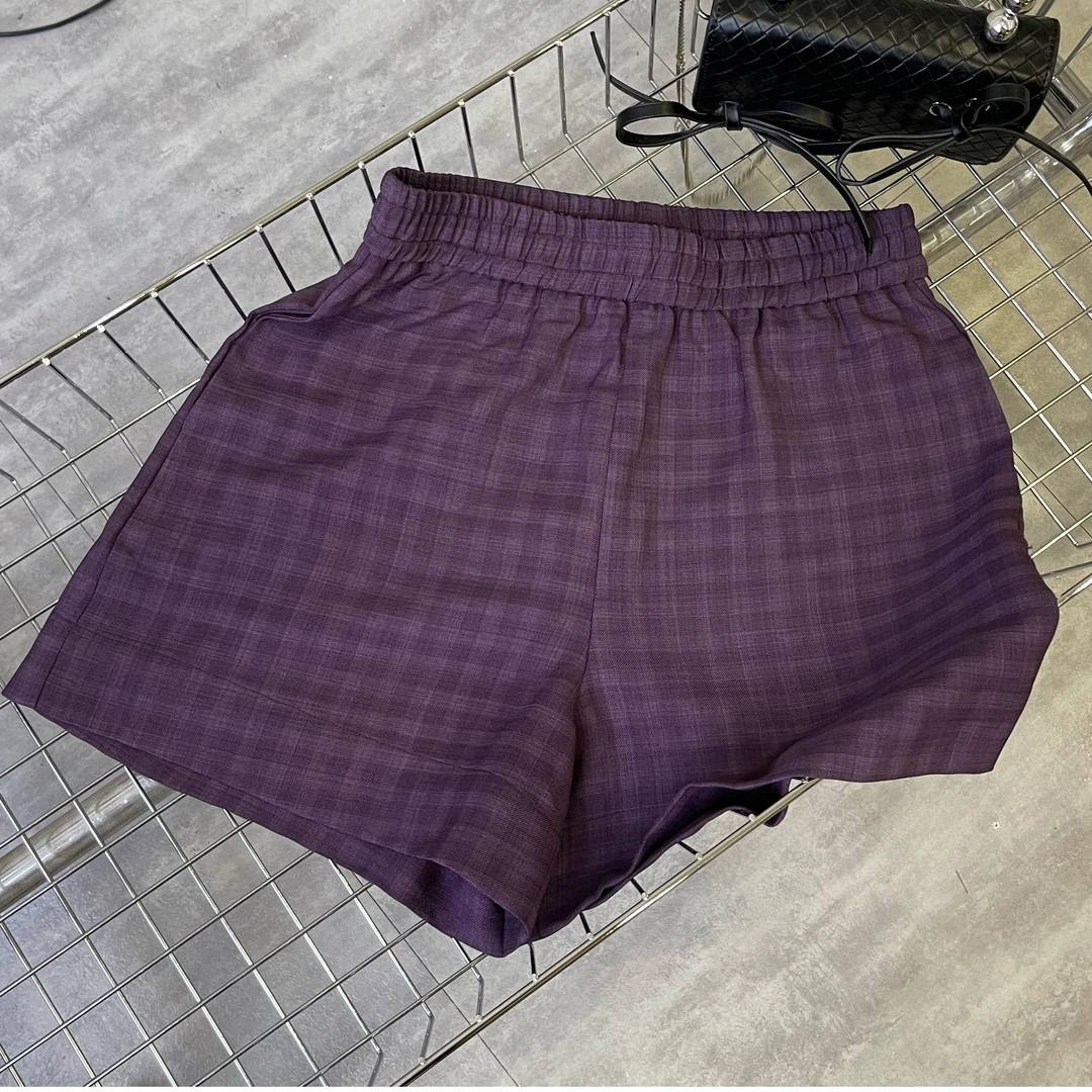 欧货格子短裤显瘦新款个性时尚松紧高腰休闲短裤4077#