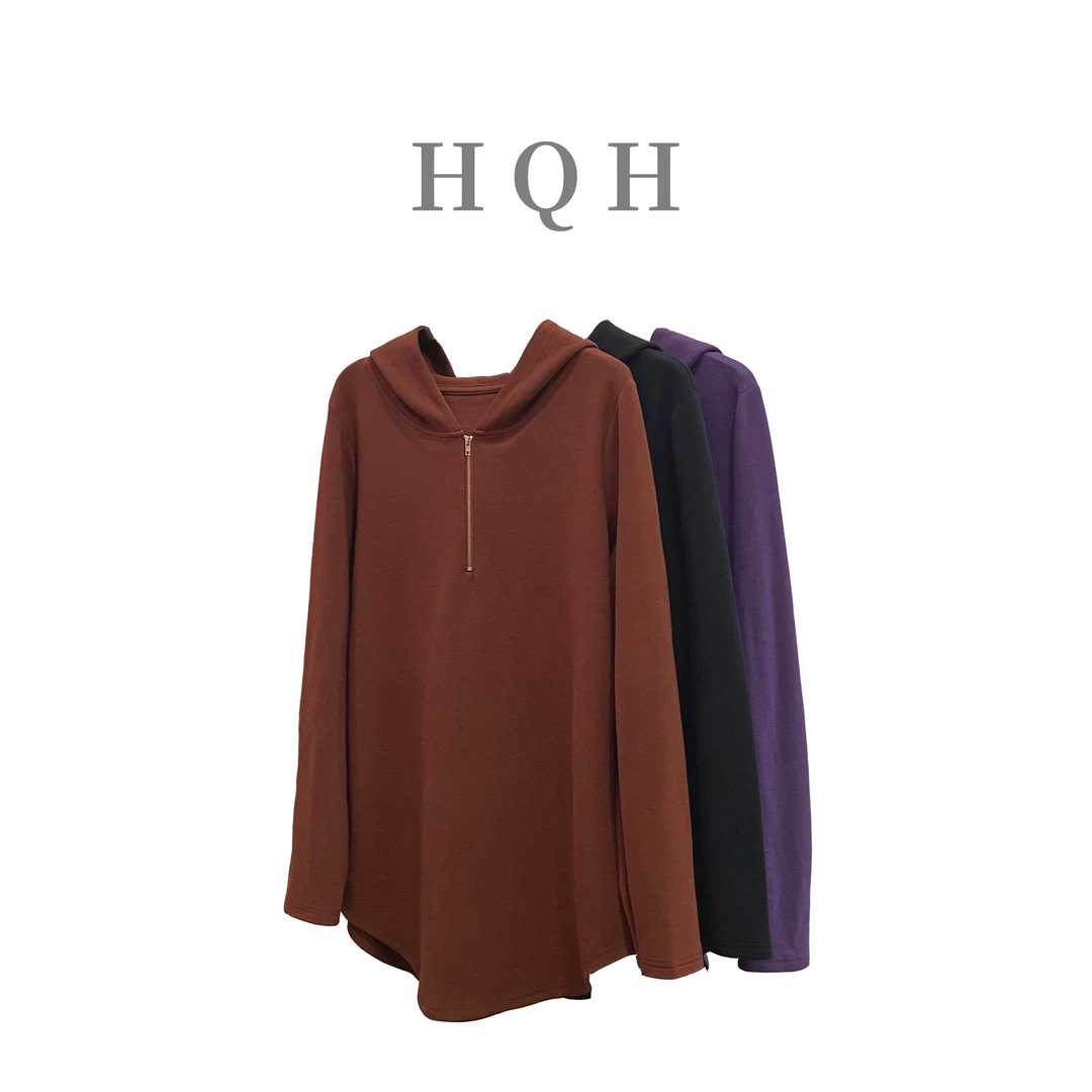 复古秋冬柔软舒适半圆弧形百搭显瘦遮肚半拉链连帽长袖卫衣6092#