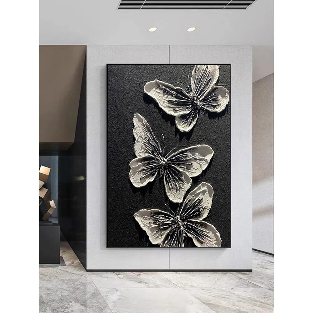 纯手绘抽象肌理蝴蝶大芬村油画玄关装饰画立体客厅背景墙黑白挂画
