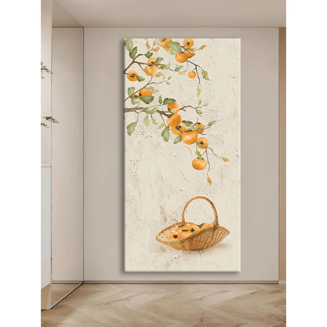 事事如意柿子肌理挂画玄关硕果累累手绘油画新中式客厅果实装饰画