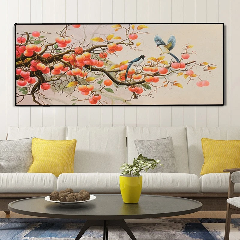 （柿柿如意）新中式客厅装饰画手绘油画沙发背景墙挂画红色柿子