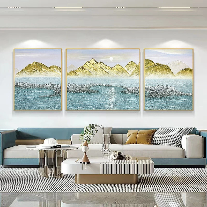 （日照金山）纯手绘油画简约轻奢客厅装饰画沙发背景墙三联挂画