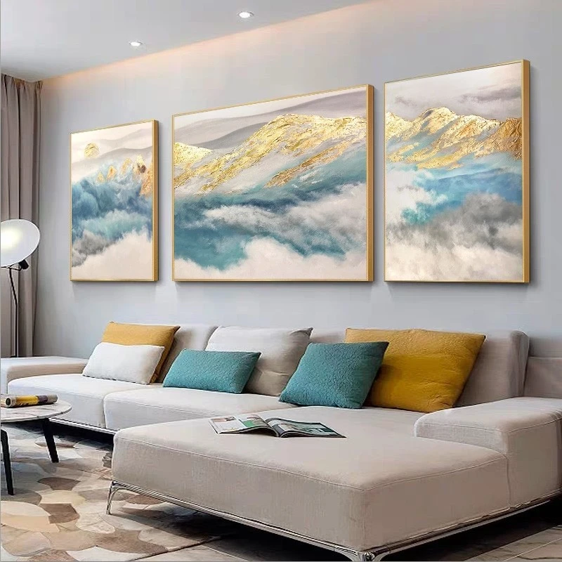 纯手绘油画现代简约轻奢客厅装饰画沙发背景墙三联挂画日照金山