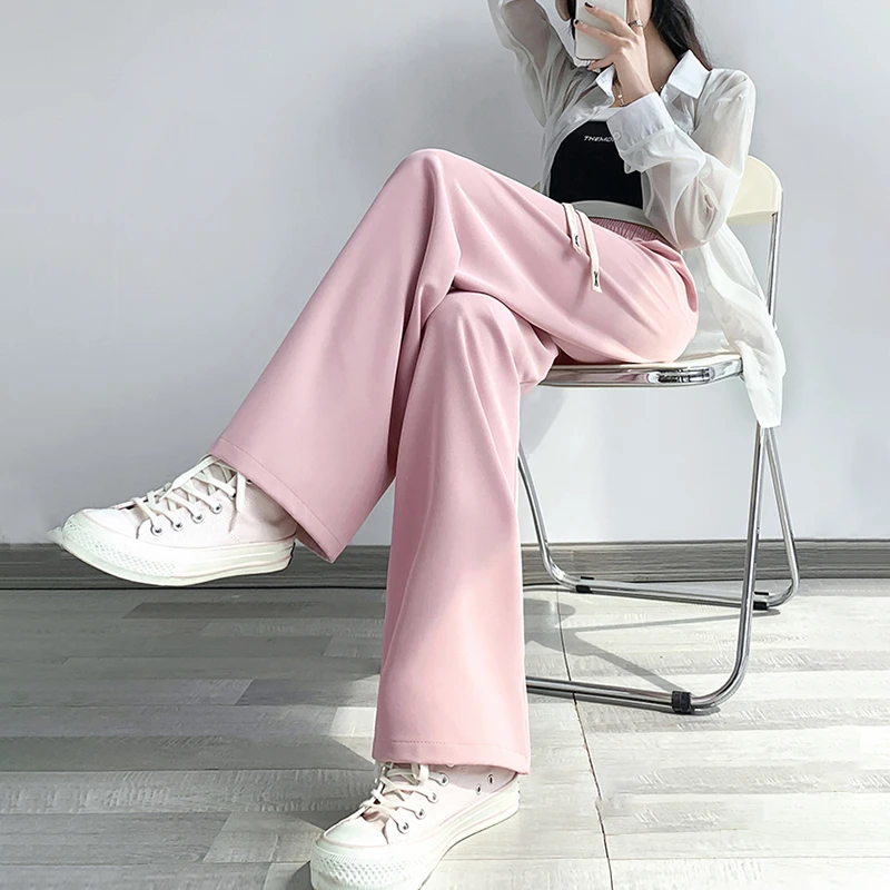 直筒窄版粉色阔腿裤小个子休闲裤女垂感夏季裤子女薄款宽松西装裤