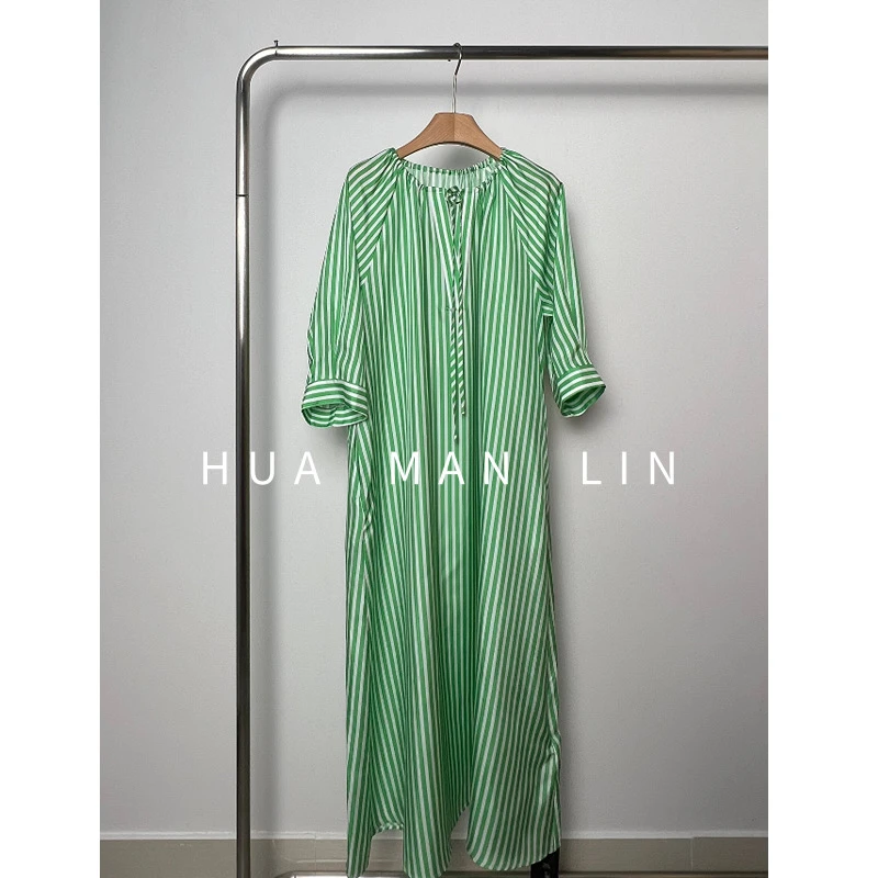 花滿林‘清凉一夏’系带条纹26MM电力纺真丝桑蚕丝连衣裙8276