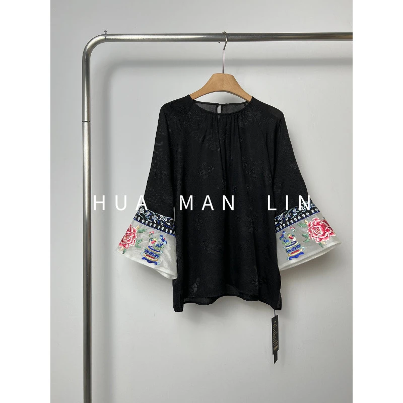 花滿林圆领袖拼接欧根纱绣花花罗真丝桑蚕丝七分袖上衣8863