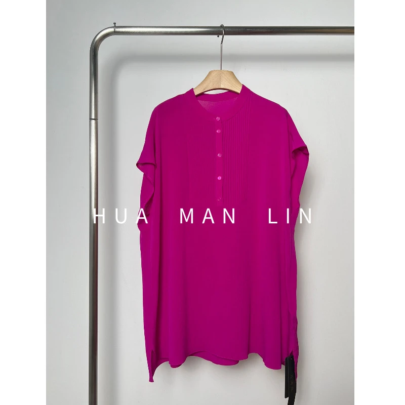 花滿林圆领手工捏褶打条30MM鬼绉真丝桑蚕丝上衣8590