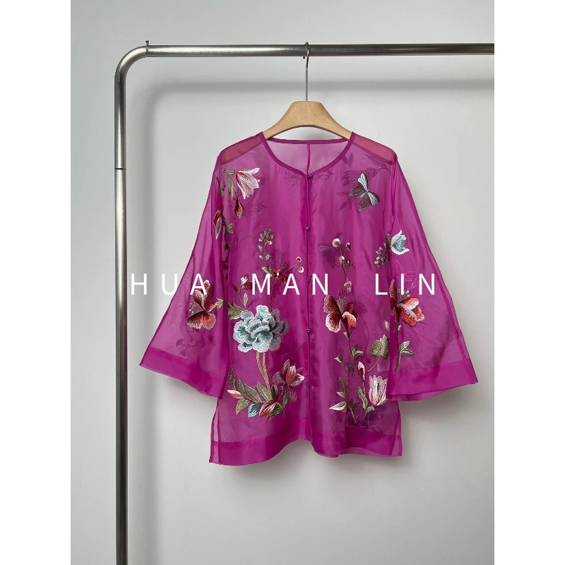 花滿林‘鸟语花香’圆领重工刺绣欧根纱真丝桑蚕丝七分袖上衣8869