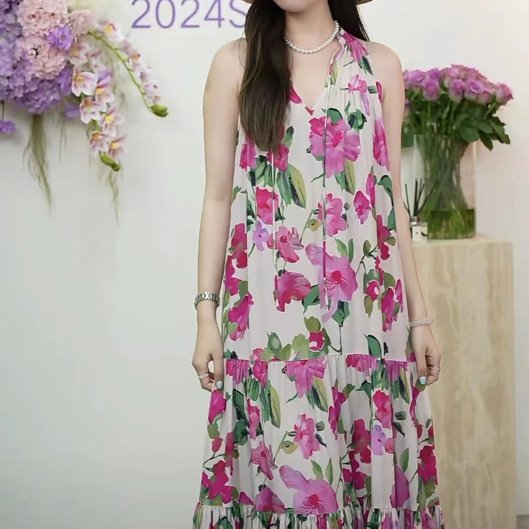 花滿林挂脖系带26MM双绉真丝桑蚕丝无袖大摆连衣裙8557