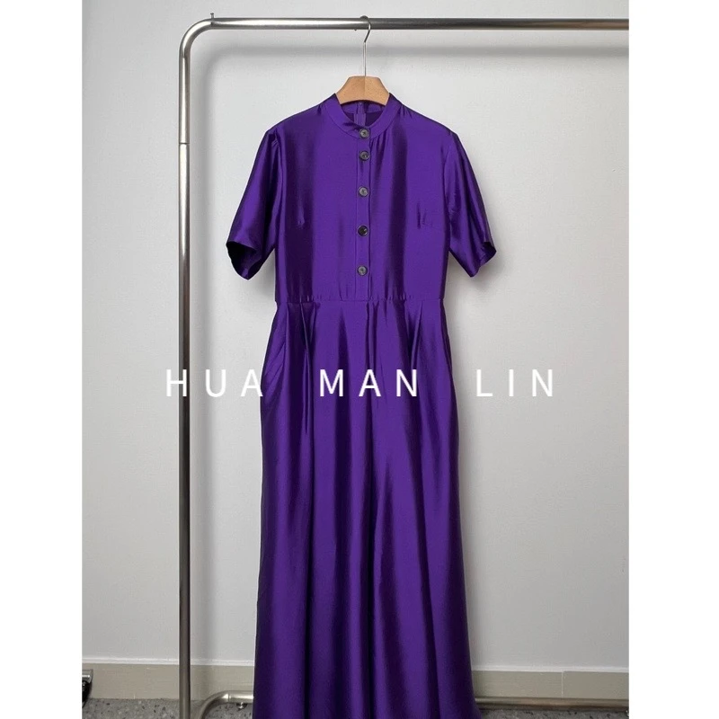 【花滿林】圆领纽扣腰部捏褶大摆真丝桑蚕丝丝毛五分袖连衣裙8165