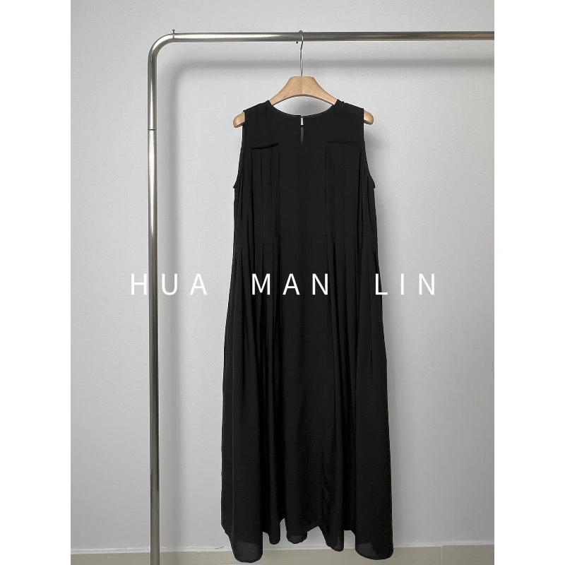 花滿林圆领手工捏褶打条建宏绉真丝桑蚕丝背心连衣裙8906