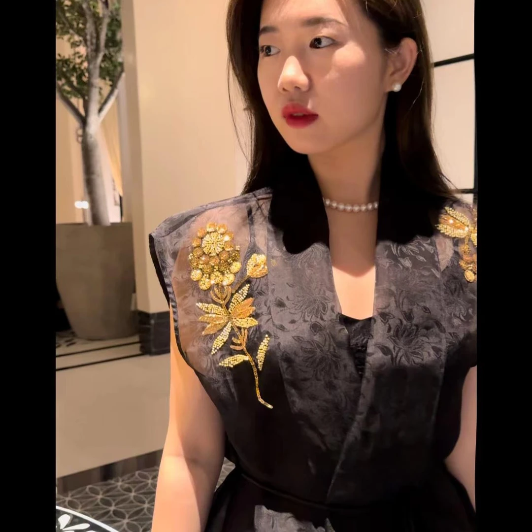 花滿林无扣重工钉珠提花欧根纱真丝桑蚕丝马夹【有腰带】6920