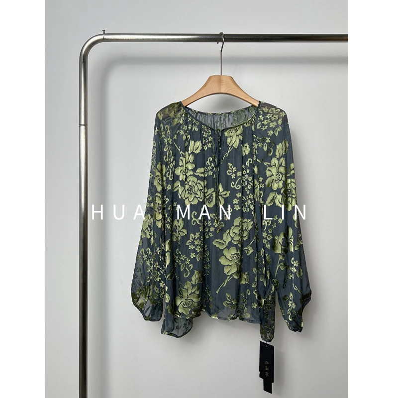花滿林圆领系带真丝桑蚕丝烧花阔版上衣8229
