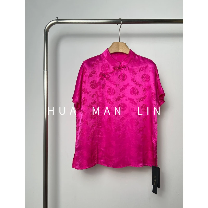 【花满林】小立领斜门襟盘扣连肩短袖提花缎真丝桑蚕丝上衣8191