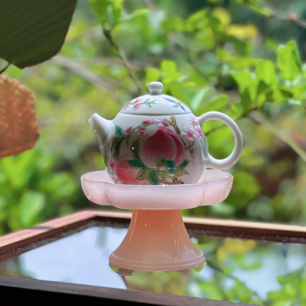 灵源山房｜温润奶玻璃高脚盘粉色 中古复古托盘蛋糕盘壶承 奶呼呼