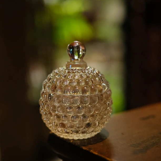 灵源山房 | 水晶玻璃加厚浮雕玻璃糖罐 幻彩珍珠储物罐