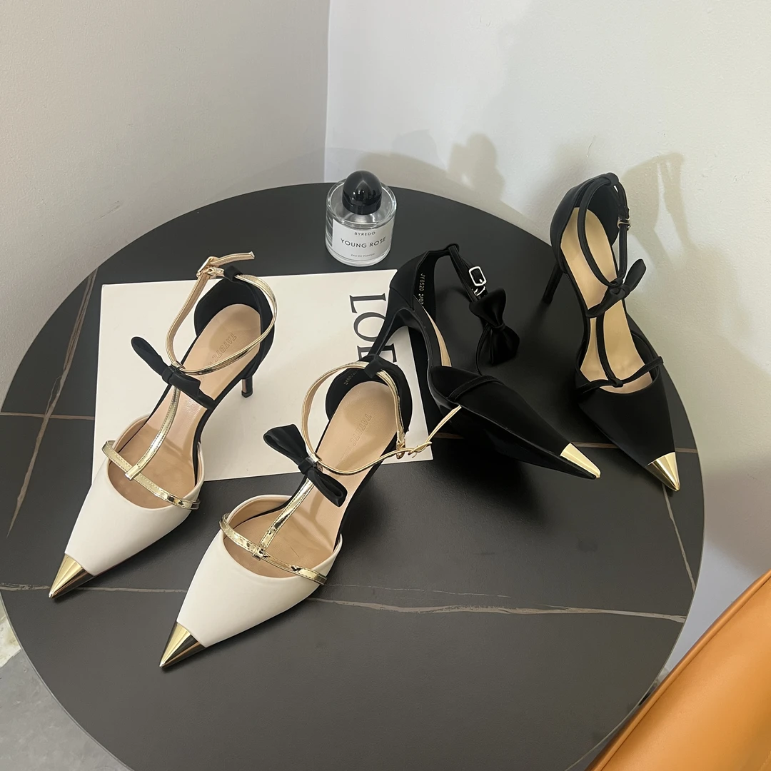 金属尖头拼色蝴蝶结绑带一字扣中空仙女风细高跟鞋2024爆款016520