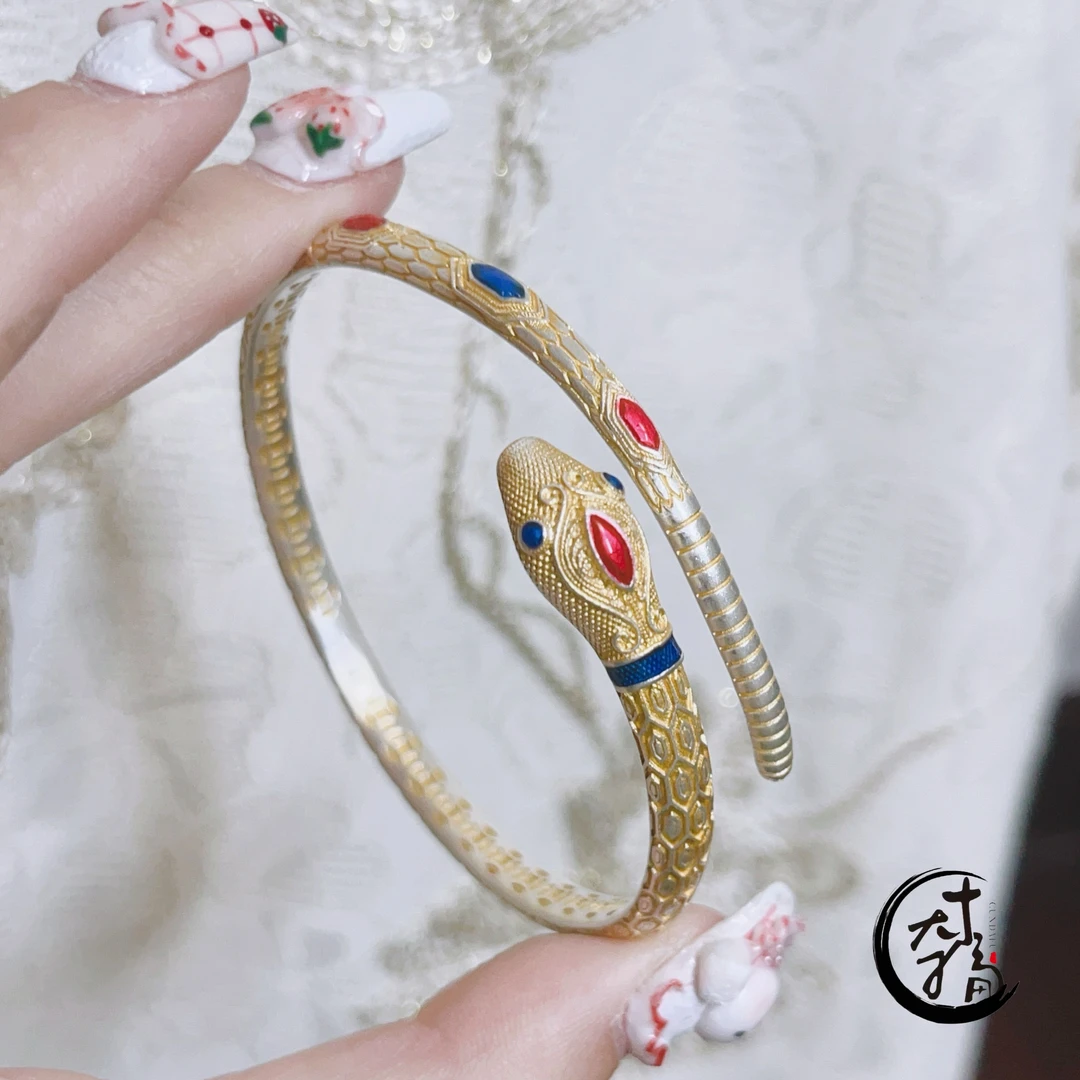 足银珐琅手镯 足银描金珐琅工艺钱币十里桃花小蛇错口手镯可调节·