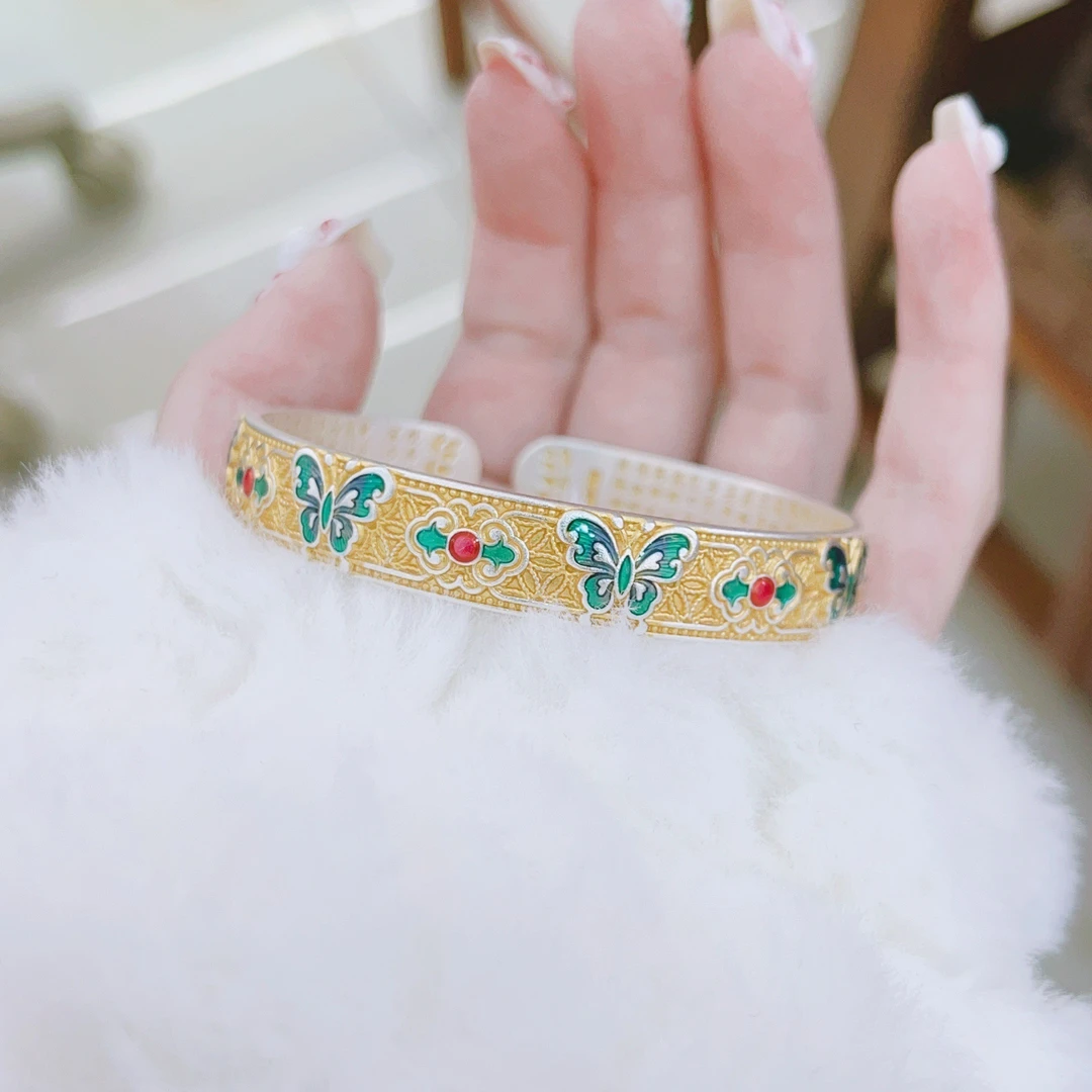 足银手镯 足银描金珐琅工艺彩蝴蝶手镯古风复古烧蓝··实心传承···