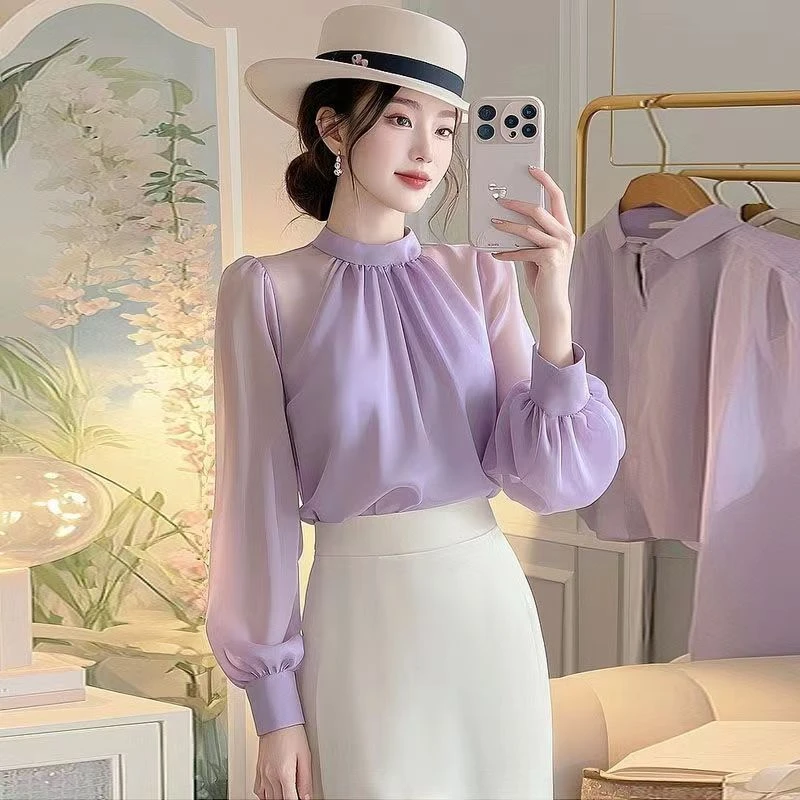 早春气质通勤雪纺上衣女高级感紫色防晒长袖衬衫三八妇女节