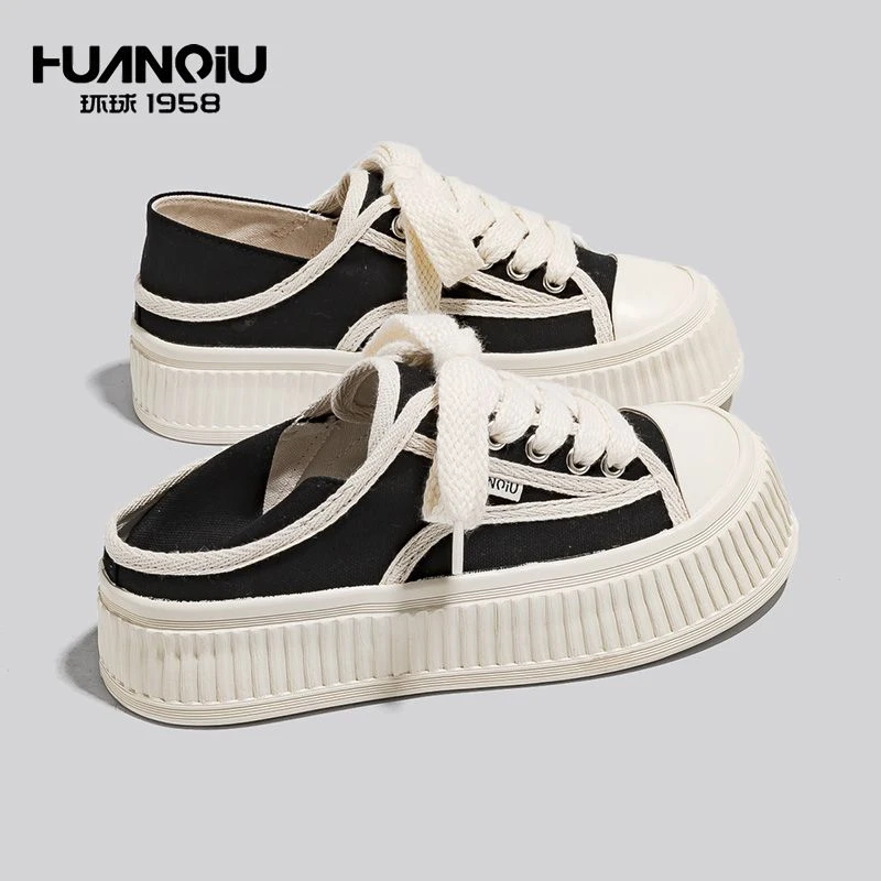 环球厚底帆布鞋女2025春季德训新款百搭休闲外穿一脚蹬运动饼干鞋