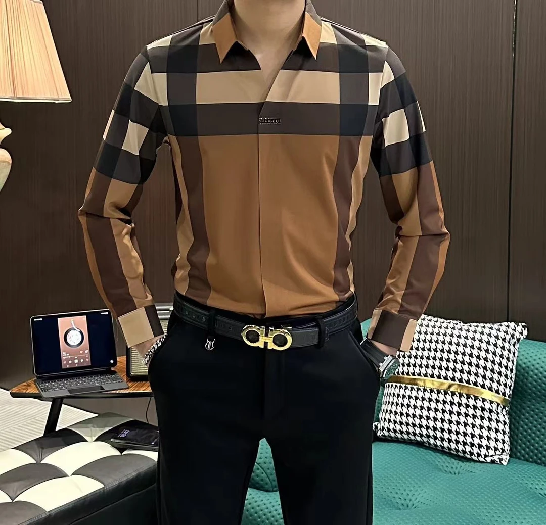 【珍珍男装】 高品质欧货2024休闲百搭秋季格子拼色V领显瘦长袖衬衫